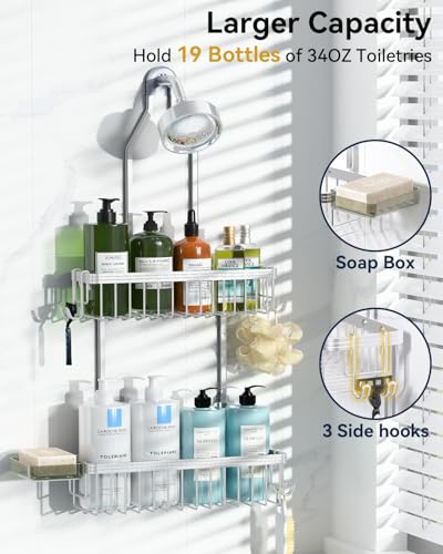 Never Rust Shower Caddy Hanging, Aluminum Shower Racks for Inside Shower, 2-Tier Shower Organizer Hanging Over Shower Head with Hooks and Soap Holder, Silver - color: Silver