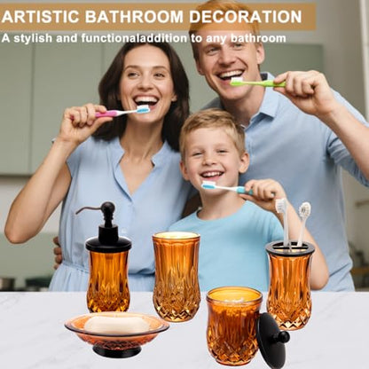 Amber Bathroom Accessories, Round Thick Glass & Zinc Alloy Pump | Beautiful & weight, 5 pcs soap dispenser, toothbrush holder, soap dish, tumbler & jar, for mission/amish style - style: Round(Amber)