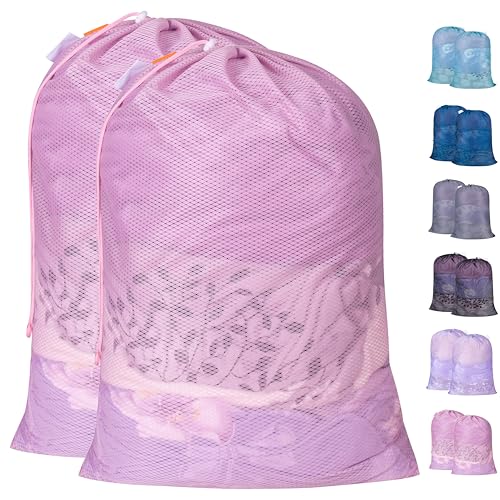 Polecasa 2 Pack Heavy Duty Diamond Mesh Laundry Bag, 24x36", Pink | Drawstring & ID Tag, Breathable Mesh, Machine Washable, Commercial Grade, , For College Dorms, Travel, Sports Equipment - color: Pink, size: 24"x36" | 2 Pack