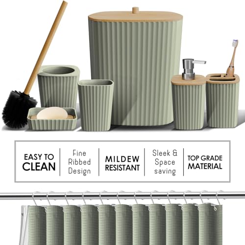 Clara Clark Bathroom Accessories Set - Bathroom Set, Bathroom Accessory Set, Shower Curtain Set, Toilet Brush, Trash Can & Soap Dispenser - Sage Green - 20PC | 20 Piece Sage Green Bathroom Accessories Set with Toothbrush Holder, Soap Dispenser, Soap Dish,