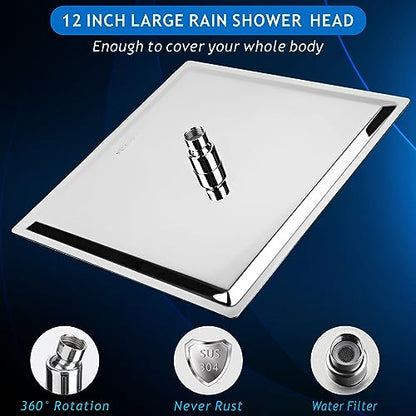 Voolan All Metal Shower Head with Extension Arm, Stainless Steel Waterfall Rainfall Showerheads, High Flow Bathroom Square Rain Shower Head (12’’ Shower Head with 16’’ Shower Arm, Chrome) - color: Chrome, size: 12’’ Shower Head with 16’’ Shower Arm