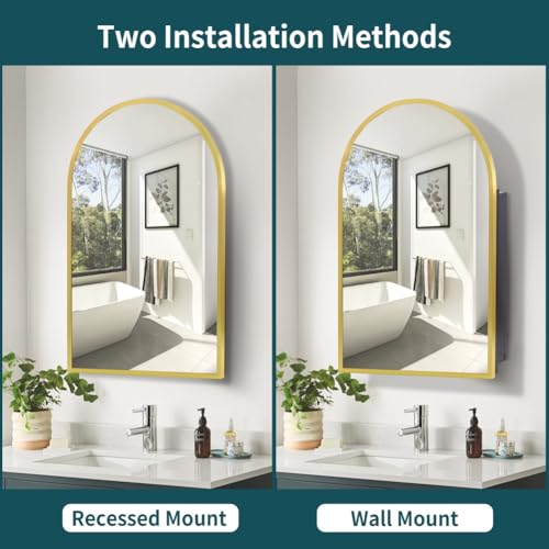 Movo Arched Gold Medicine Cabinet with Mirror 20 x31 Inch | Metal Framed Bathroom Mirror Medicine Cabinet Wall Mounted,Recessed Medicine Cabinets for Bathroom with 2 Removable Shelves - size: 20"W x 31"H x 5"D-Gold