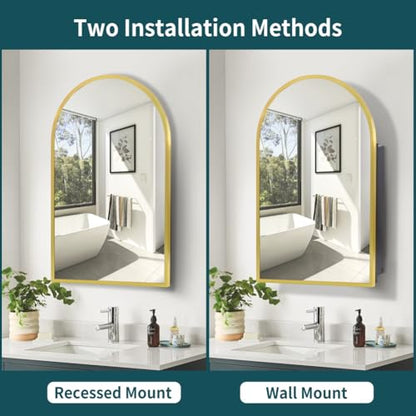 Movo Arched Gold Medicine Cabinet with Mirror 20 x31 Inch | Metal Framed Bathroom Mirror Medicine Cabinet Wall Mounted,Recessed Medicine Cabinets for Bathroom with 2 Removable Shelves - size: 20"W x 31"H x 5"D-Gold