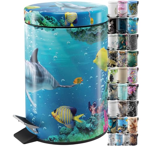 Sanilo Small Bathroom Trash Can with Lid [1.3 Gallon] - Lidded Tiny Trashcan for Garbage - Mini Metal Bin with Soft Closing Mechanism - Bath Room Accessoire Wastebin with Inner Bucket (Dolphin) - color: Dolphin