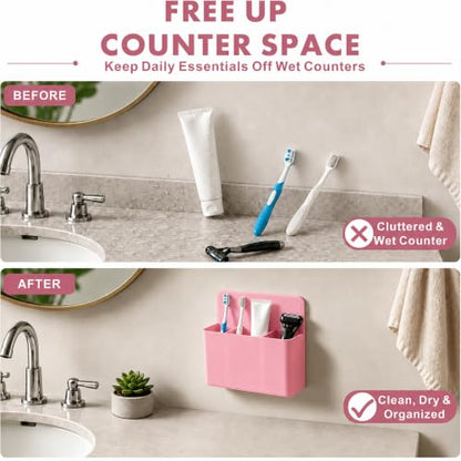 AgePlace 2 Pack Magnetic Toothbrush Holder for Cruise Ship Cabins,Wall Mounted Toothbrush Organizer with 3 Removable Dividers,Travel Must Haves,Cruise Essentials 2026 for Alaska & Caribbean Cruises - color: Pink