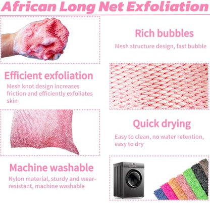 SPMKTBOZAI African Net Sponge Authentic, Exfoliating Net for Body Back | African Net Sponge with Knots| Long Stretch Net Sponge| African Net for Sensitive Skin| Durable & Quick Dry| Daily Use| Pink - color: Pink
