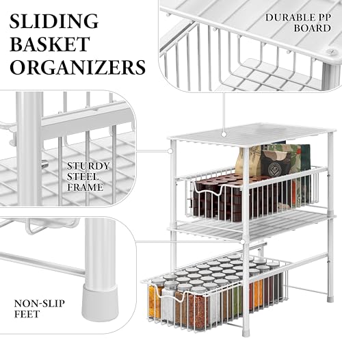 Simple Houseware Wired Stackable Under Sink Cabinet Sliding Basket, White | Free Standing Organizer Drawer, Kitchen/Pantry/Cabinet/Counter - color: White