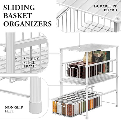 Simple Houseware Wired Stackable Under Sink Cabinet Sliding Basket, White | Free Standing Organizer Drawer, Kitchen/Pantry/Cabinet/Counter - color: White