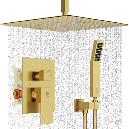 SR SUN RISE 16 Inch Ceiling Mounted Shower System Rain Mixer Shower Combo Set Rainfall Shower Head System Brushed Gold Shower Faucet Rough-in Valve Body and Trim Included - color: Brushed Gold, style: 16 inch