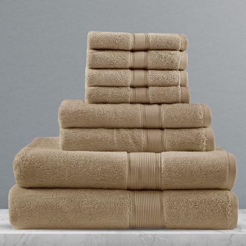 Madison Park 800GSM 100% Cotton Bathroom Bath Towel Set of 8, Taupe | Long Staple, Highly Absorbent, Durable Hotel Spa Quality, Quick Dry, Double Stitched Hems, Lint Reducing, OEKO-TEX Certified - color: Taupe, size: Multi-Sizes