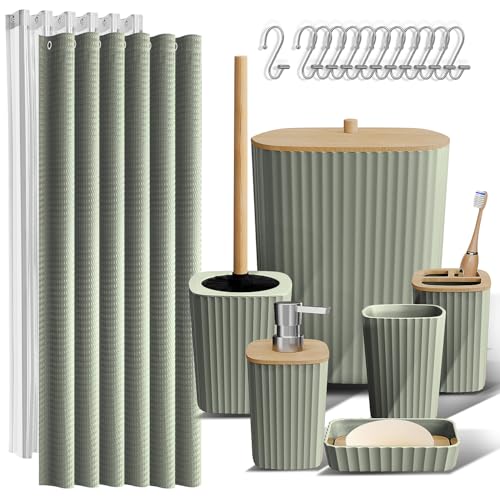 Clara Clark Bathroom Accessories Set - Bathroom Set, Bathroom Accessory Set, Shower Curtain Set, Toilet Brush, Trash Can & Soap Dispenser - Sage Green - 20PC | 20 Piece Sage Green Bathroom Accessories Set with Toothbrush Holder, Soap Dispenser, Soap Dish,