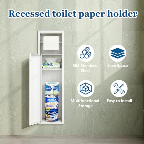 Qeke Recessed Toilet Paper Holder with Curved Door, Matte White, 4" Depth | 304 Stainless Steel, in Wall Tissue Paper Holder for Bathroom, Perfect Depth Fits Standard American Drywall