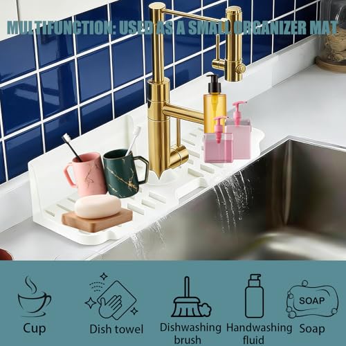 Sink Splash Guard Behind Faucet, 17" x 5.5" Silicone Faucet Drying Mat & Dish Sponge Holder, Fast Self-Draining Kitchen Sink Organizer with Adjustable Fit (White) - color: White