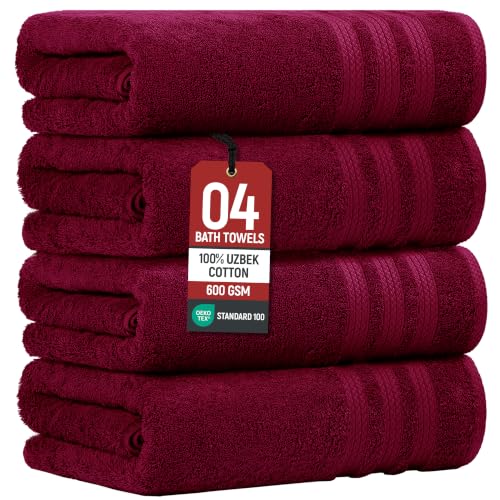 Bath Towels Set of 4 Extra Large Towels set, 30x60 In, 100% Uzbek Cotton 600 GSM, Oeko-TEX, Larger & Lighter Weight, Quicker to Dry, Super Soft and Absorbent, Perfect for Bathroom–Burgundy - color: Burgundy