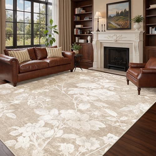 Soalmost Floral Washable Rugs 8x10 for Living Room, Neutral Soft Rug Tan | Oriental Flower Area Rug with Low-Pile Non-Slip Thin Throw Carpet for Bedroom Farmhouse Dining Room Nursery Home Office - color: Floral Tan, size: 8' x 10' (Rectangular)