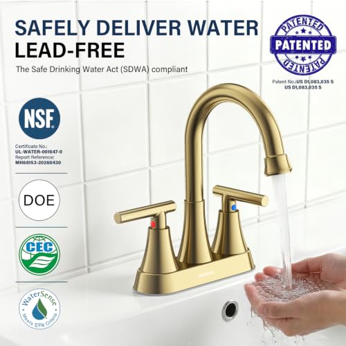 Brushed Gold Bathroom Faucet, Hurran 4 inch Centerset 2-Handle Lead-Free | Bathroom Sink Faucet with Pop-up Drain and Supply Lines, Stainless Steel Faucet for Vanity RV Restroom Laundry Outdoor Sink - color: Brushed Gold