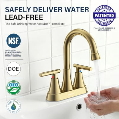 Brushed Gold Bathroom Faucet, Hurran 4 inch Centerset 2-Handle Lead-Free | Bathroom Sink Faucet with Pop-up Drain and Supply Lines, Stainless Steel Faucet for Vanity RV Restroom Laundry Outdoor Sink - color: Brushed Gold