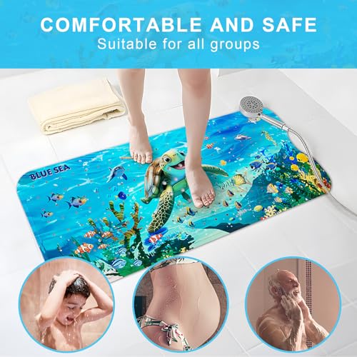 Baby Bath Mat for Tub Non Slip Kids, BPA Free Extra Long Bathtub Mat 40x16 with Drain Holes and 200 Suction Cups, Non Toxic Machine Washable Toddler Bath Mat, No Fading, Sea - color: X-turtle 1