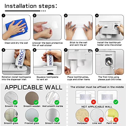 Toothbrush Holder Wall Mounted, WEKITY Multi-Functional Toothbrush and Toothpaste Dispenser for Bathroom, with 5 Toothbrush Slots, 2 Toothpaste Squeezers and 4 Cups(Grey) - color: Grey