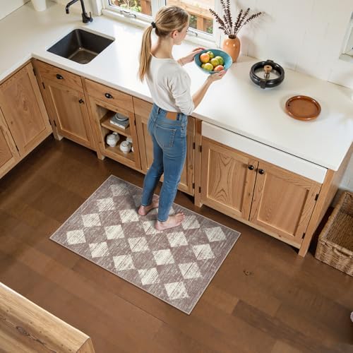 Lahome Checkered Bathroom Rug 2x3 Beige, Non Slip Washable Door Kitchen Mat - color: Beige, size: 2' x 3' (Rectangular)