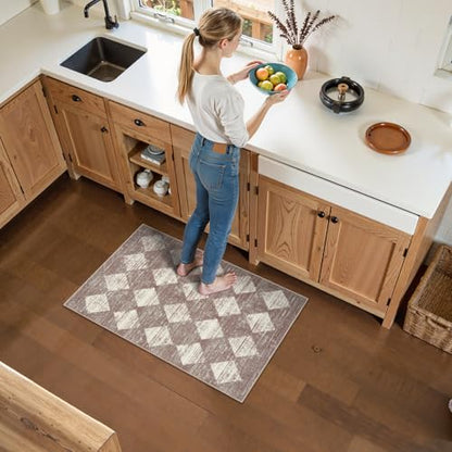 Lahome Checkered Bathroom Rug 2x3 Beige, Non Slip Washable Door Kitchen Mat - color: Beige, size: 2' x 3' (Rectangular)