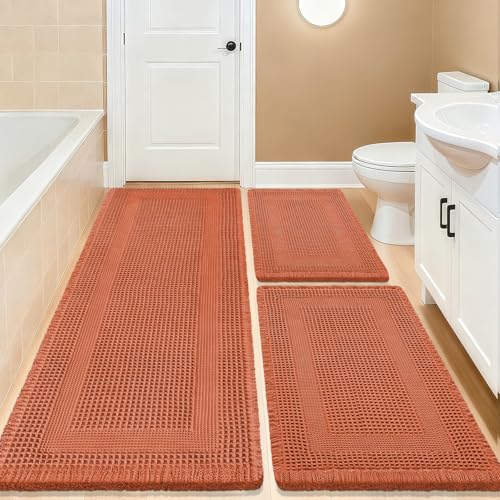 Upgrade Waffle Bath Mat Set 3 Piece, Boho Bathroom Rugs Absorbent Non Slip, Soft Bathroom Mats, Machine Washable Knit Bath Rugs with Tassels for Bathroom, Bedroom, Kitchen, Shower, Tub, Burnt Orange - color: Burnt Orange-looped, size: 48" x 24" + 36" x 24