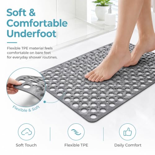 Casa and Beyond Shower Mat, Secure Shower Mat-Non-Slip, Washable Non-Slip Bathtub Mats, with Suction Cups and Drain Holes, Soft Textured Design, Easy to Clean for Bathroom (Grey, 34.6" x 15.7") - color: Grey, size: 34.6" x 15.7" (Rectangular)