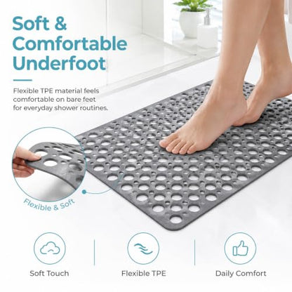 Casa and Beyond Shower Mat, Secure Shower Mat-Non-Slip, Washable Non-Slip Bathtub Mats, with Suction Cups and Drain Holes, Soft Textured Design, Easy to Clean for Bathroom (Grey, 34.6" x 15.7") - color: Grey, size: 34.6" x 15.7" (Rectangular)
