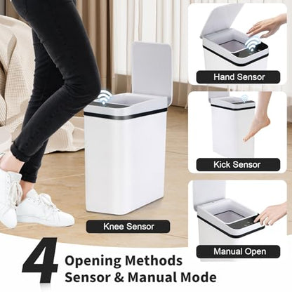 2 Pack Bathroom Trash Can with Lid, 2.5 Gallon Small Slim Trashcan, Automatic Trash Can Touchless, Motion Sensor Waterproof Plastic Trash Bin for Bedroom Kitchen Office Living Room (White) - color: White 2PCS