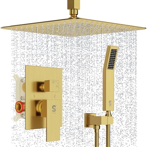 SR SUN RISE 12 Inch Ceiling Mounted Shower System Rain Mixer Shower Combo Set Rainfall Shower Head System Brushed Gold Shower Faucet Trim Repair Kits with Shower Rough-in Valve Body and Trim - color: Brushed Gold, style: 12 inch