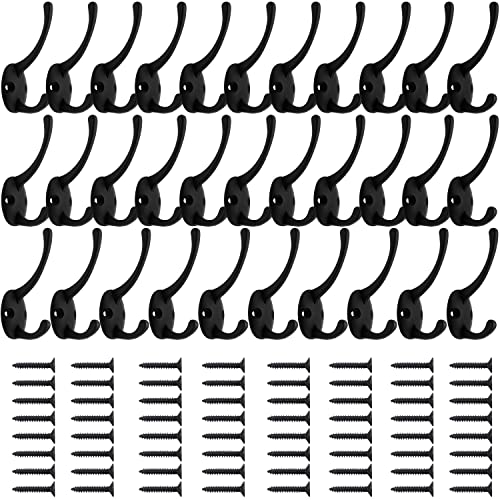 IBosins 32 Pack Black Double Coat Hooks Wall Mounted with 64 Screws | Retro Double Hooks Utility Hooks for Coat, Scarf, Bag, Towel, Key, Cap, Cup, Hat - color: 32 Pcs Black