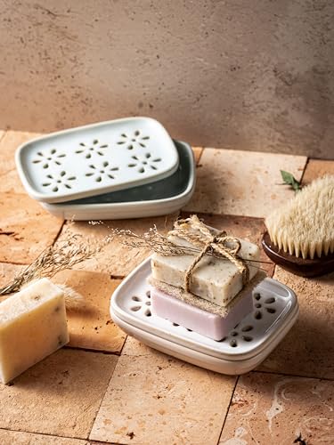 Miamolo Soap Dish for Shower with Drainage, Double Layer Bar Soap Holder, Ceramic Soap Saver Sponge Holder for Bathroom, Tub and Kitchen Sink, Slotted Draining Soap Dishes Extend Soap Life, Beige - color: Beige