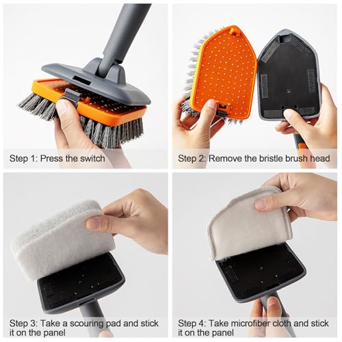 CLEANHOME Tile Tub Scrubber Brush for Cleaning Toilet Wall,Bathtub,Sink | 3 Different Function Cleaning Heads, 56" Extendable Long Handle, Bathroom No Scratch Shower Scrubber - color: Gray