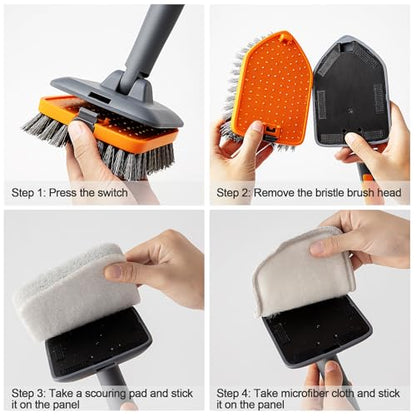CLEANHOME Tile Tub Scrubber Brush for Cleaning Toilet Wall,Bathtub,Sink | 3 Different Function Cleaning Heads, 56" Extendable Long Handle, Bathroom No Scratch Shower Scrubber - color: Gray