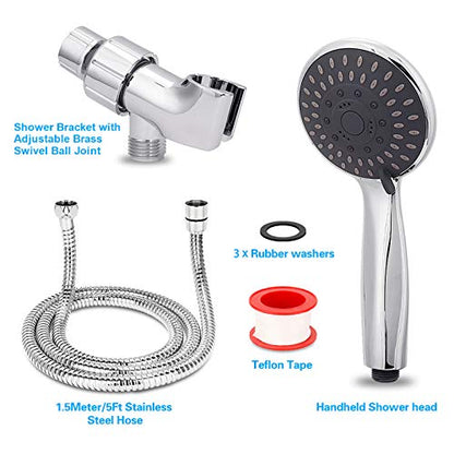 Handheld Shower Head High Pressure 5-Settings with Hose, Chrome | Powerful Water Spray, Against Low Pressure Water Flow, 59 Inch Stainless Hose, Adjustable Mount - color: Silver