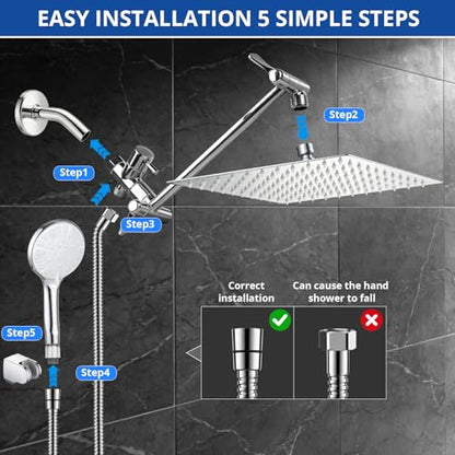 Shower Head, 10 Inch High Pressure Rainfall Shower Head/Handheld Shower Combo with 11 Inch Extension Arm, 9 Settings Adjustable Anti-leak Shower Head with Holder/Hose, Height/Angle Adjustable