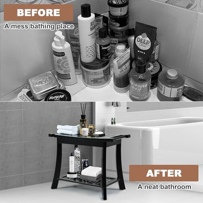 24" Bamboo Shower Bench with Shelf for Bathroom, 300 lbs, Black | Sturdy 24-inch bamboo stool for shaving. Spa bench with shelf for indoor & outdoor. Anti-slip design for safe bathroom use. - size: 24" Bamboo