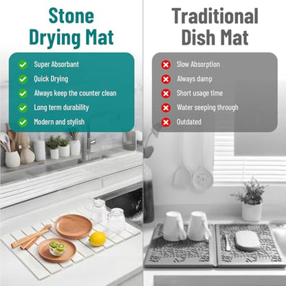 Stone Dish Drying Mat For Kitchen Counter Off-White 24"x16" – Quick Dry & Foldable Diatomaceous Earth Mat for Dish , Bottle , Cup , Tableware & Match Any Countertop.