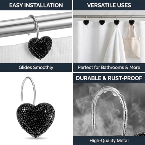 Black Heart Shower Curtain Hooks Sparkling Shower Hooks with Crystal Rhinestones - Stainless Steel Rust Resistant Hooks Holder Bling for Gothic Bathroom Accessories - color: Black