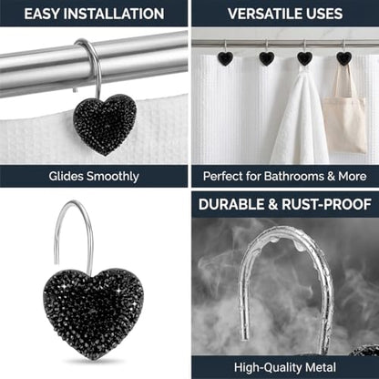 Black Heart Shower Curtain Hooks Sparkling Shower Hooks with Crystal Rhinestones - Stainless Steel Rust Resistant Hooks Holder Bling for Gothic Bathroom Accessories - color: Black