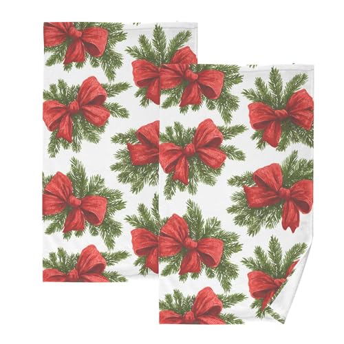 ALAZA Christmas Red Bow Pine Leaves Hand Towels for Bathroom Set of 2 Fingertip Towels Face Towels,Cotton Soft Absorbent Bath Towels Xmas Decorative Hand Bath Towel 16x28in - color: A910