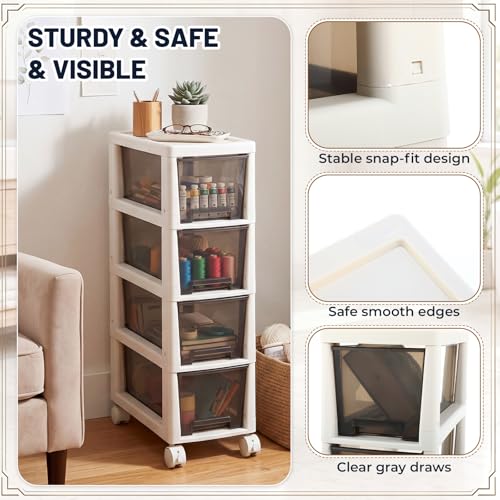 Huwena Plastic Slim 4 Drawers Narrow Storage Cart 28" x 15" x 7.5" Bathroom Narrow Drawer Cabinet with Wheel Container for Small Space Laundry Kitchen Office Bedroom Closets Under Desk