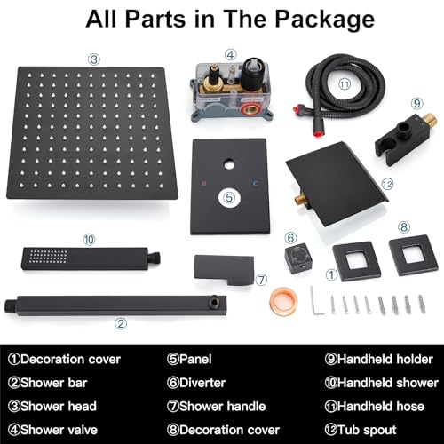 Midanya Shower System with Tub Spout,Bathtub Shower Faucet Set with Square Rainfall Head and Handheld Sprayer Wall Mount Tub Faucet Set with Valve and Trim Kit,12 Inch Matte Black - color: Matte Black, size: 12 Inch