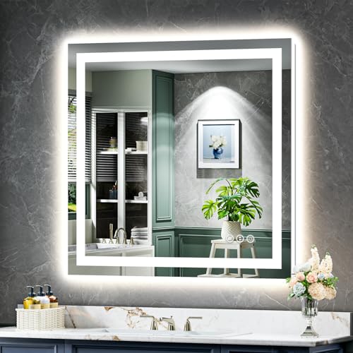 40x38 Inch LED Bathroom Mirror with Lights Front and Backlit Lighted Vanity Mirror for Bathroom Wall with 3 Colors Dimmable Anti-Fog Memory Shatter-Proof IP54 Waterproof Horizontal/Vertical - color: Backlit+front Lit, size: 40"L x 38"W