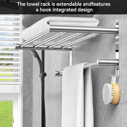 CAXIMSY Adjustable Towel Bar for Bathroom Wall Mount17-30.7inch Adhesive Shower Towel Rack Stainless Steel Bath Towel Holders for Toilet Kitchen Double Towel Hanger (2-Layer Towel Rack)