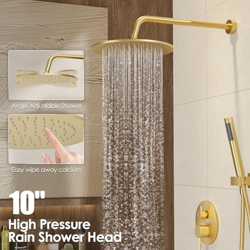 Gabrylly Shower System, 10" Wall Mounted Shower Faucet Set, Brushed Gold | Rain Shower Head with Handheld Spray Combo, All Metal Rainfall Shower Head Complete Set Shower Mixer Valve for Bathroom - color: Gold