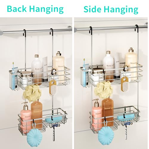 HapiRm Hanging Shower Caddy Organizer - No Drilling Shower Shelves with Hooks and Toothbrush Holder, Rustproof 304 Stainless Steel Bathroom Organizer - Brushed Nickel - color: Brushed Nickel