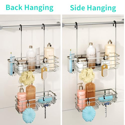 HapiRm Hanging Shower Caddy Organizer - No Drilling Shower Shelves with Hooks and Toothbrush Holder, Rustproof 304 Stainless Steel Bathroom Organizer - Brushed Nickel - color: Brushed Nickel