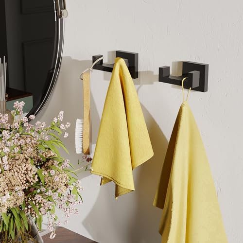 Ruacq Double Towel Hooks for Bathroom Wall Mounted, Matte Black, 1 Pack | Heavy Duty 304 Stainless Steel Hand Towel Hanger, Coat Robe Hook Holder for Kitchen Entryway Hotel, Square Base, Rustproof - color: Matte Black
