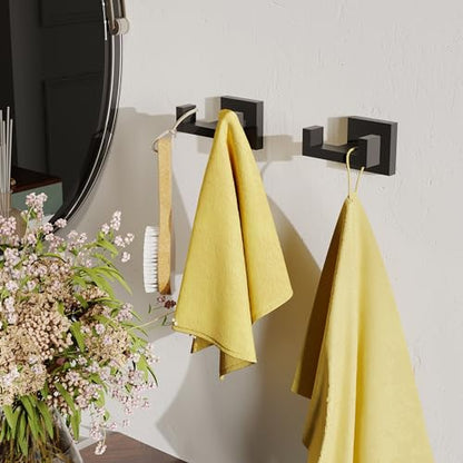 Ruacq Double Towel Hooks for Bathroom Wall Mounted, Matte Black, 1 Pack | Heavy Duty 304 Stainless Steel Hand Towel Hanger, Coat Robe Hook Holder for Kitchen Entryway Hotel, Square Base, Rustproof - color: Matte Black